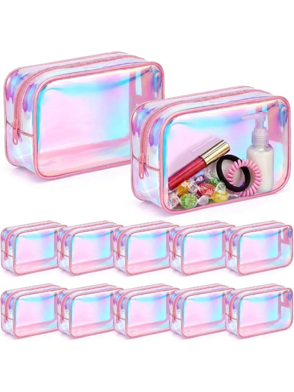 12 Pcs Iridescent Holographic Makeup Bags - Waterproof Travel Cosmetic Pouches